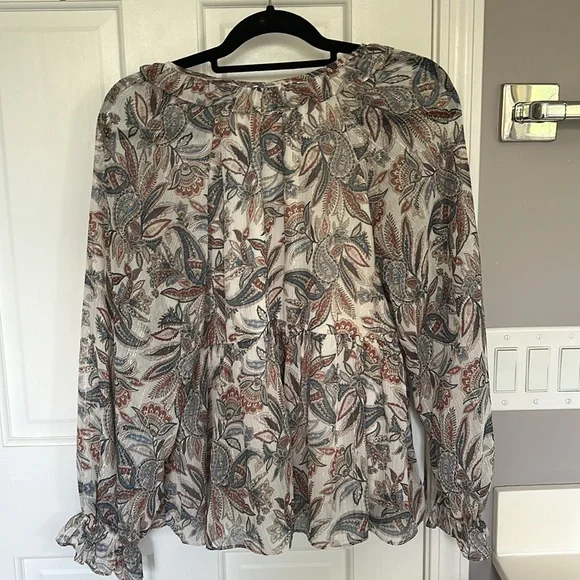 Blu Pepper Paisley Tinsel Metallic Detail Sheer Baby Doll Top Blouse Long Sleeve - Picture 4 of 4